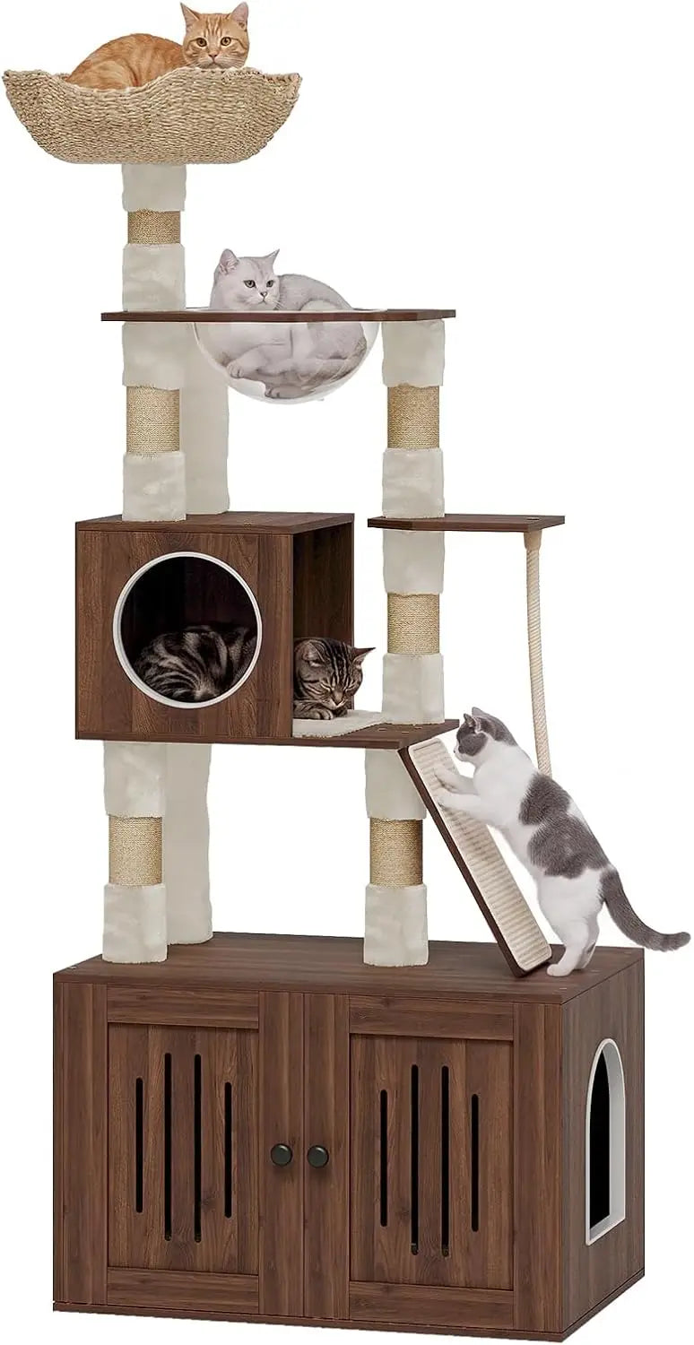 Tacleekii 66.9" Cat Tree with Litter Box Enclosure Multi-Level Cat Condo Attan Cat House & Space Capsule Acrylic Hammock Double-door Storage 15mm Thick Board & Wide Base