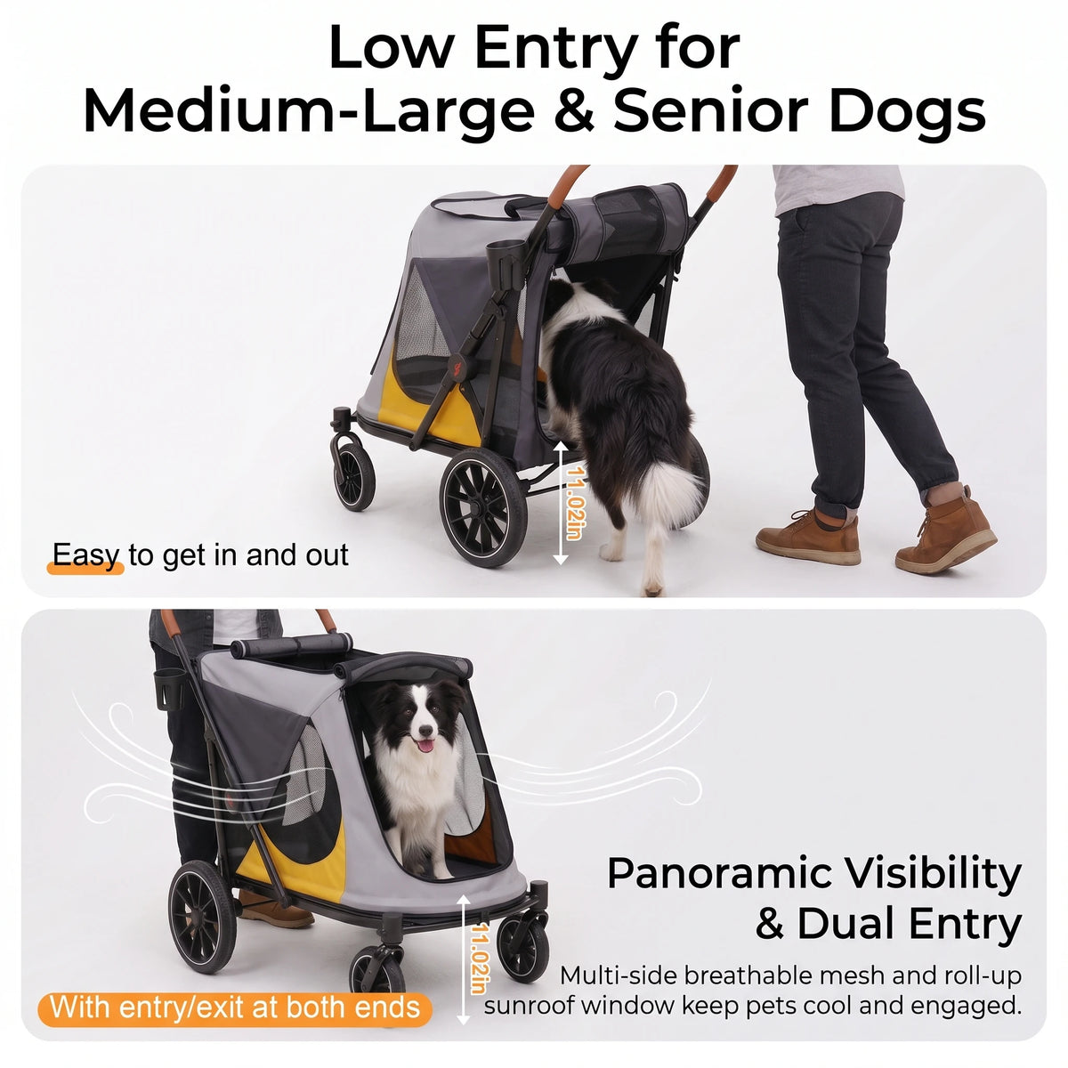 BingoPaw Dog Stroller for Large Medium Dogs up to 90 lbs, 4 Wheel Foldable Pet Stroller Pushchair with Dual Entry, Shock Absorption, Breathable Mesh Window & Cup Holder for Senior Injured Pets, Grey