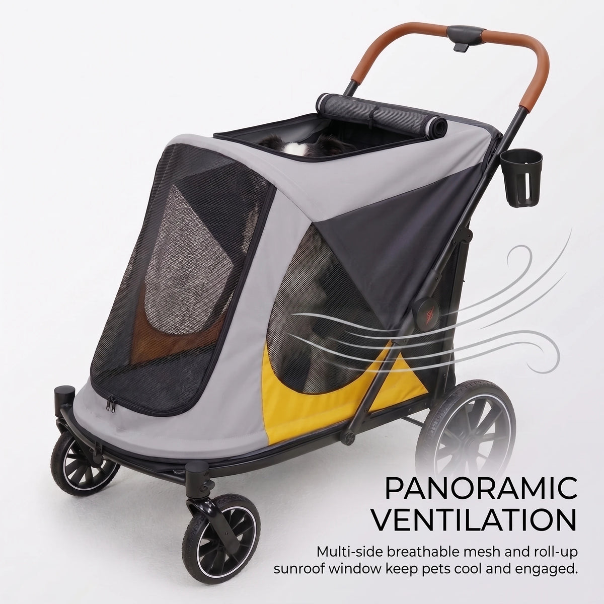 BingoPaw Dog Stroller for Large Medium Dogs up to 90 lbs, 4 Wheel Foldable Pet Stroller Pushchair with Dual Entry, Shock Absorption, Breathable Mesh Window & Cup Holder for Senior Injured Pets, Grey