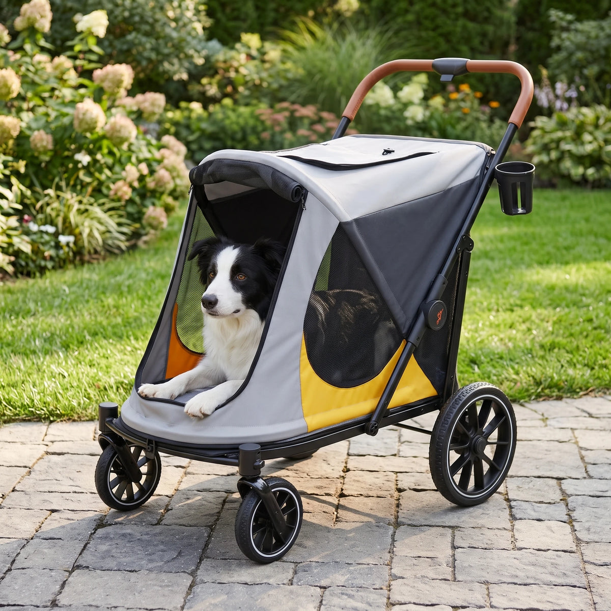 BingoPaw Dog Stroller for Large Medium Dogs up to 90 lbs, 4 Wheel Foldable Pet Stroller Pushchair with Dual Entry, Shock Absorption, Breathable Mesh Window & Cup Holder for Senior Injured Pets, Grey