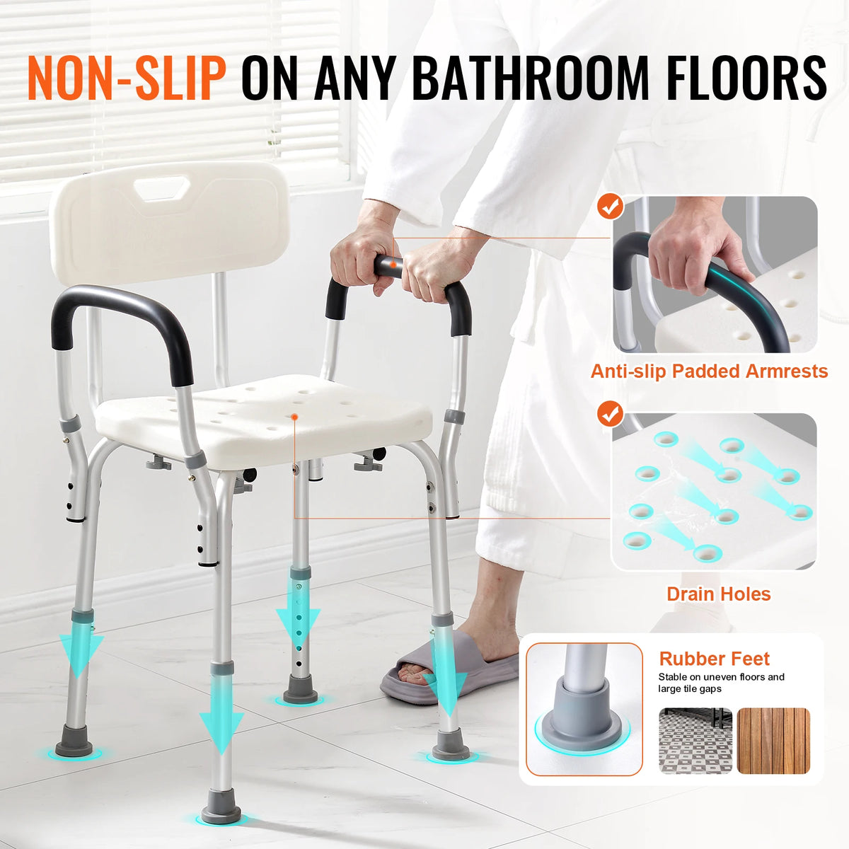 SucceBuy Shower Chair with Back Adjustable Height for Bathtub Non-slip Bathroom Bench Seat for Elderly Disabled 350 LBS Capacity