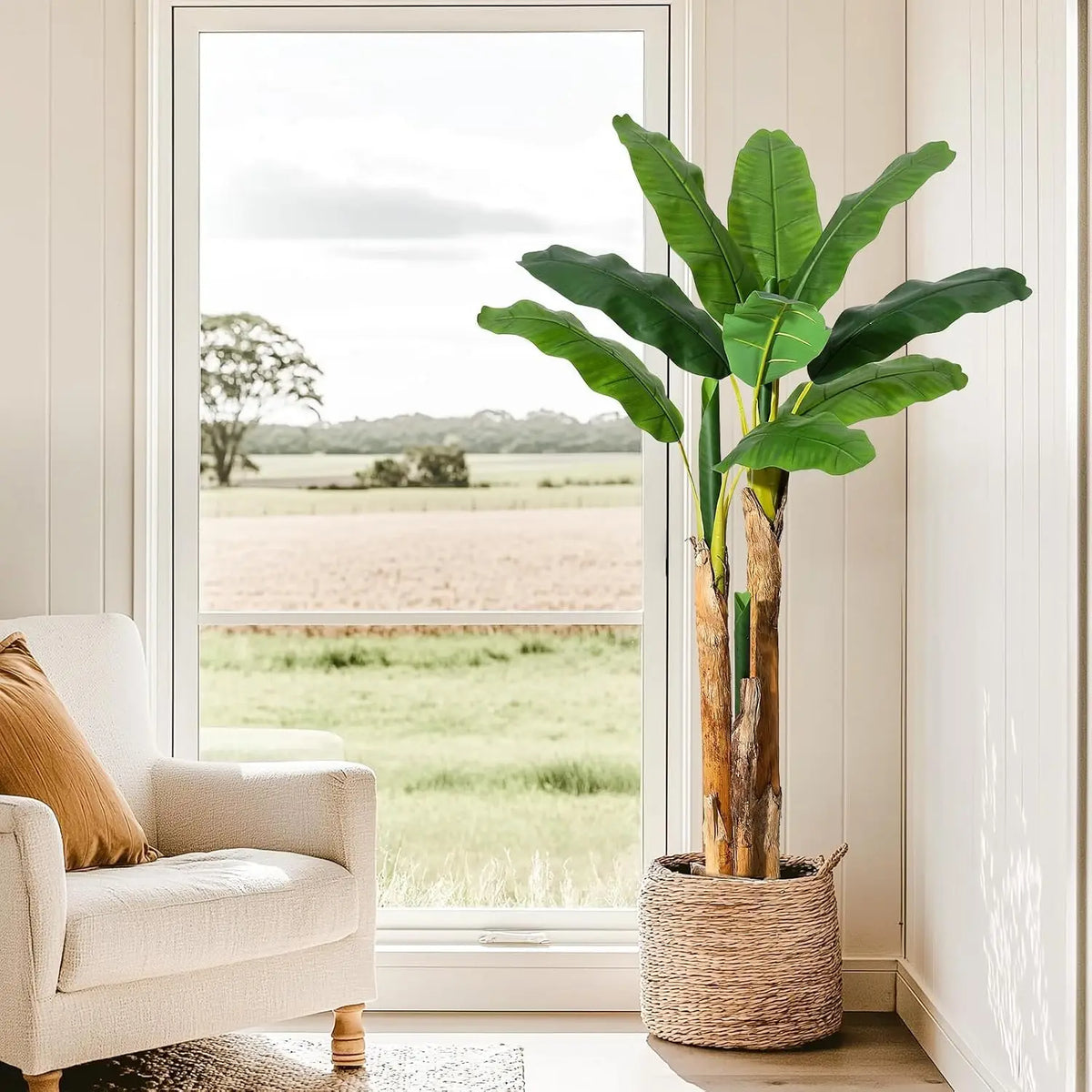 Artificial Banana Tree with Grey Planter, 5/6/7Ft Faux Plant with 11 Lifelike Leaves, Fake Indoor Outdoor Tree for Home Office Decor