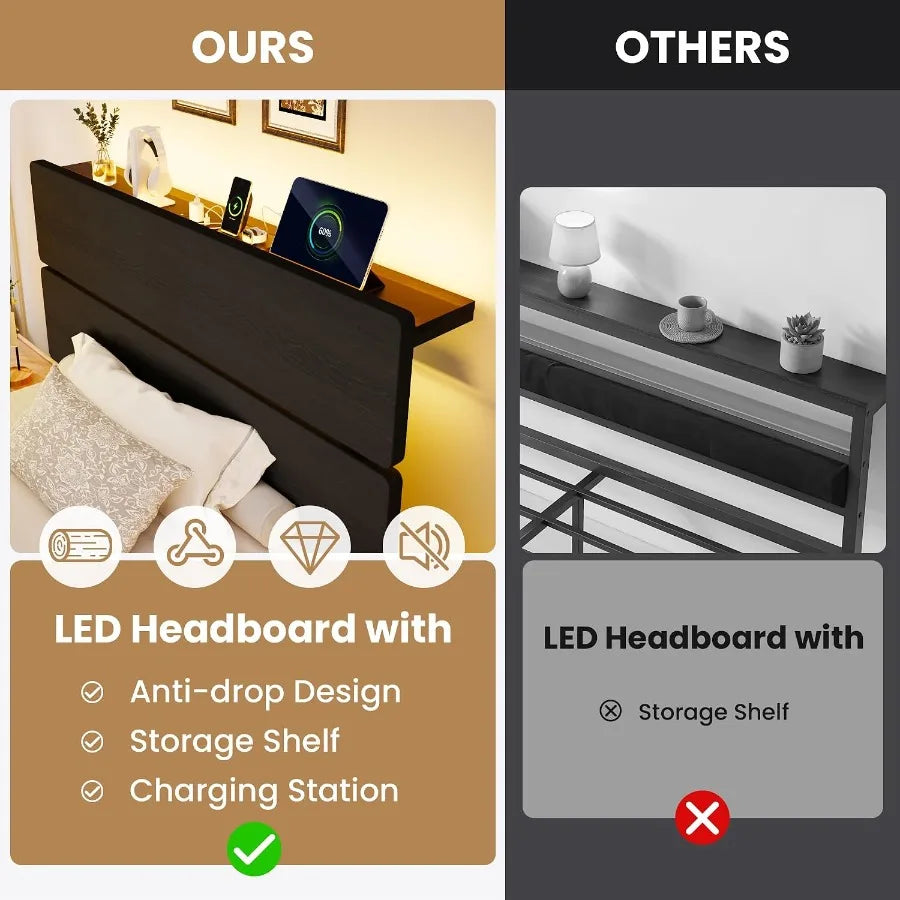 Size Bed Frame, Led Light, Charging Station, Storage Shelf