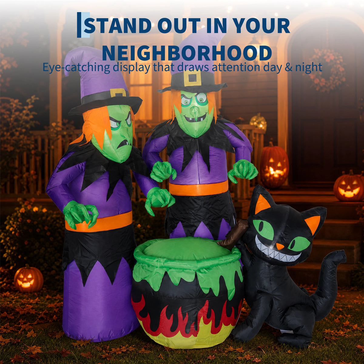 Halloween Inflatable Witch with Cauldron and Black Cat 180cm LED Lighted Waterproof Self Inflating Outdoor Yard Decoration for Garden Patio Lawn Spooky Festival Night Display