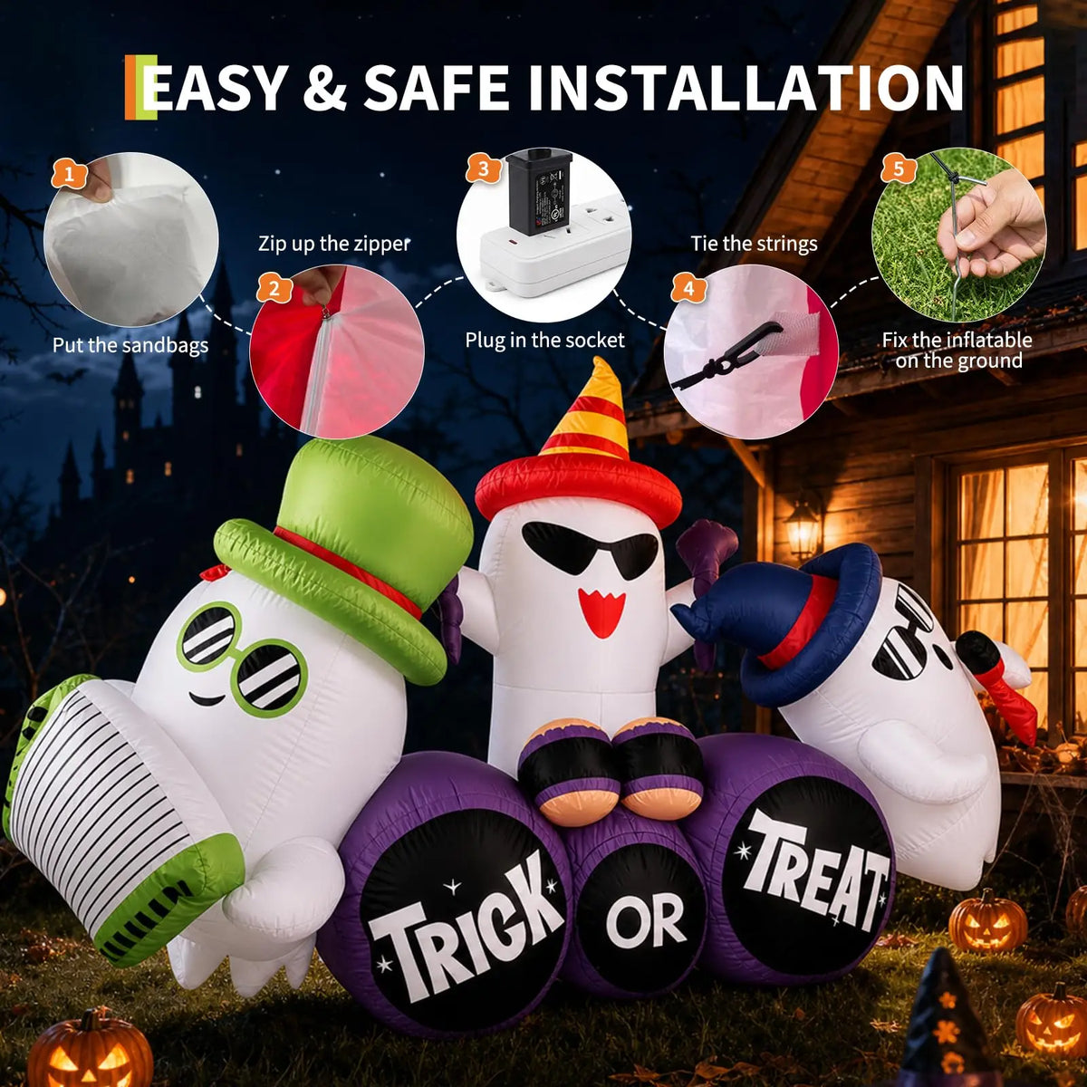 8ft Halloween Ghost Band Inflatable Outdoor Yard Decor With 6 Led Lights, Trick Or Treat Blow Up For Lawn Porch Garden Party Display
