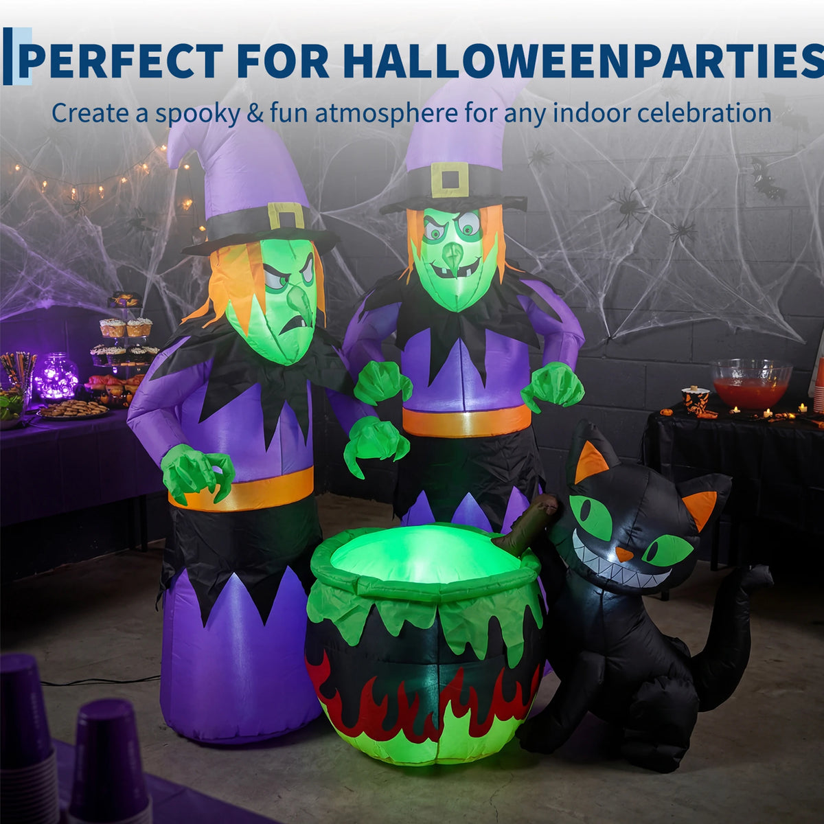 Halloween Inflatable Witch with Cauldron and Black Cat 180cm LED Lighted Waterproof Self Inflating Outdoor Yard Decoration for Garden Patio Lawn Spooky Festival Night Display
