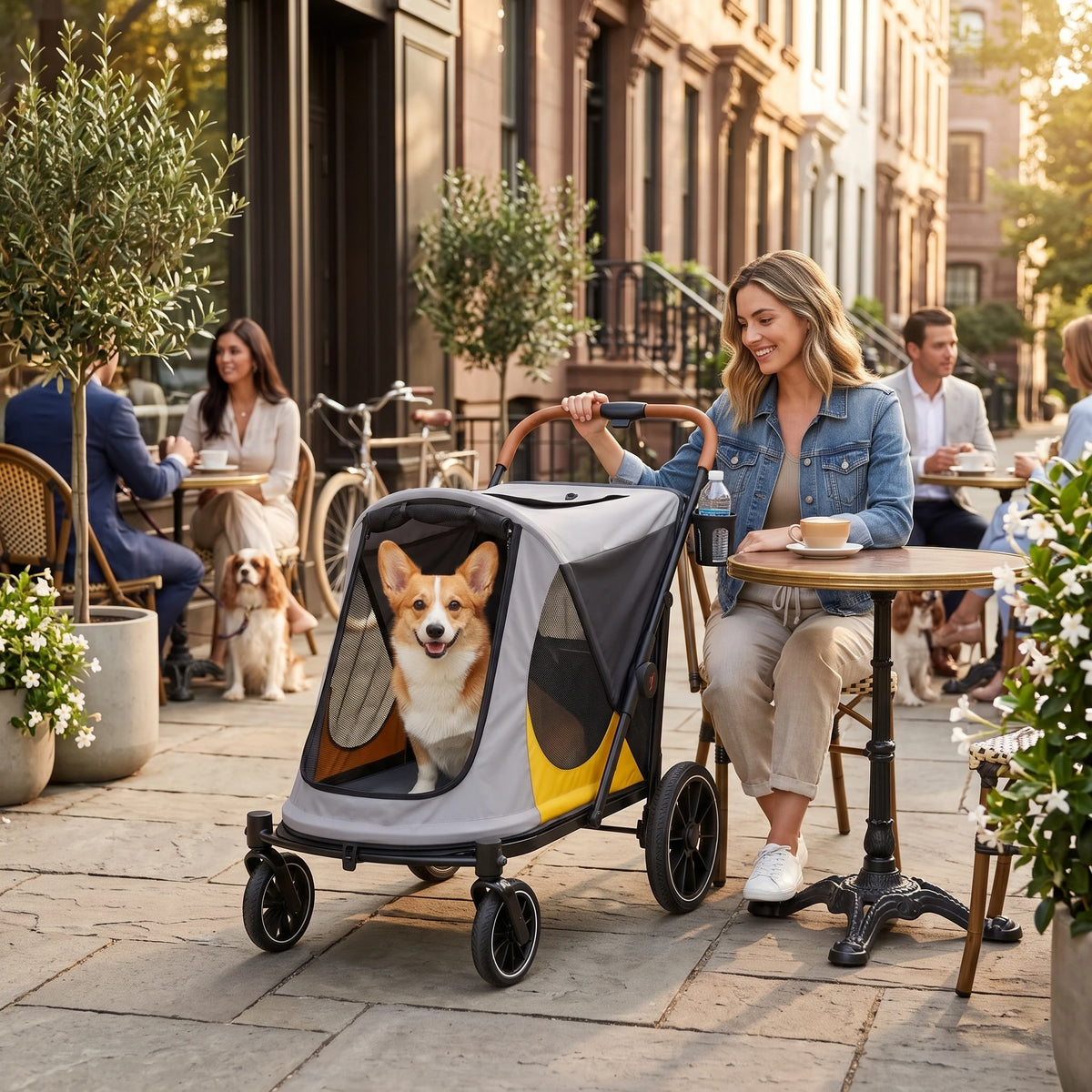 BingoPaw Dog Stroller for Large Medium Dogs up to 90 lbs, 4 Wheel Foldable Pet Stroller Pushchair with Dual Entry, Shock Absorption, Breathable Mesh Window & Cup Holder for Senior Injured Pets, Grey