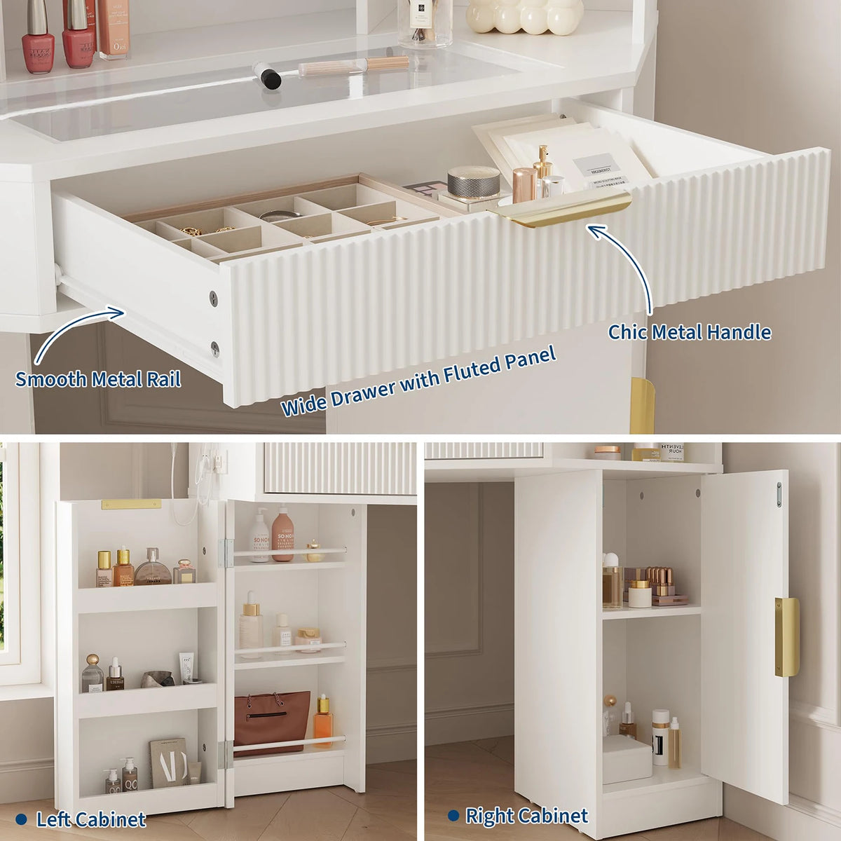 Corner Vanity Desk With Mirror And Lights, Glass Top Makeup Table With Charging Station, Dimmable LED, Drawers For Bedroom
