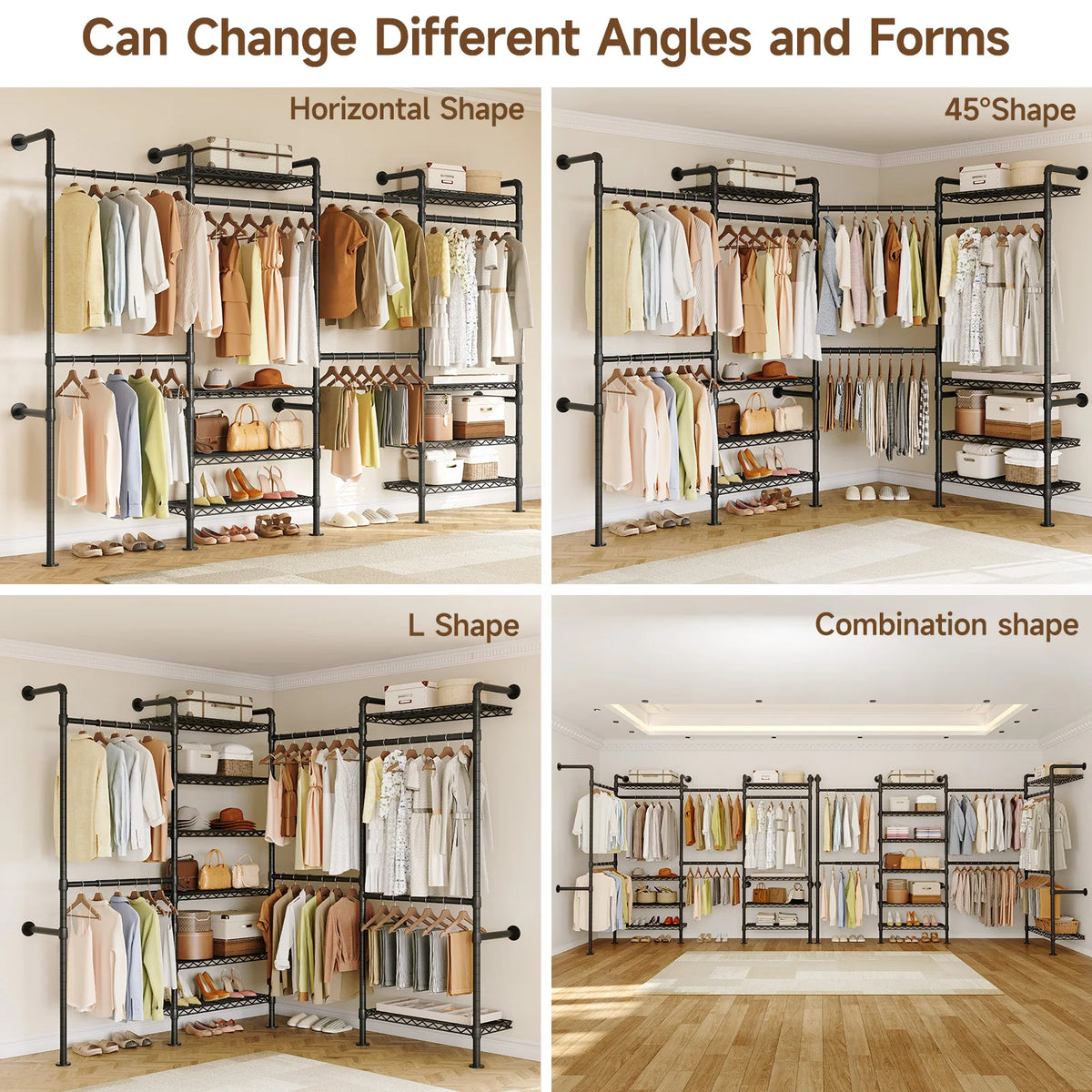 L4 Wall Mounted Industrial Pipe Clothes Rack, Closet Organizer System with Rods Expandable, Clothing Rack, Corner Garment Rack