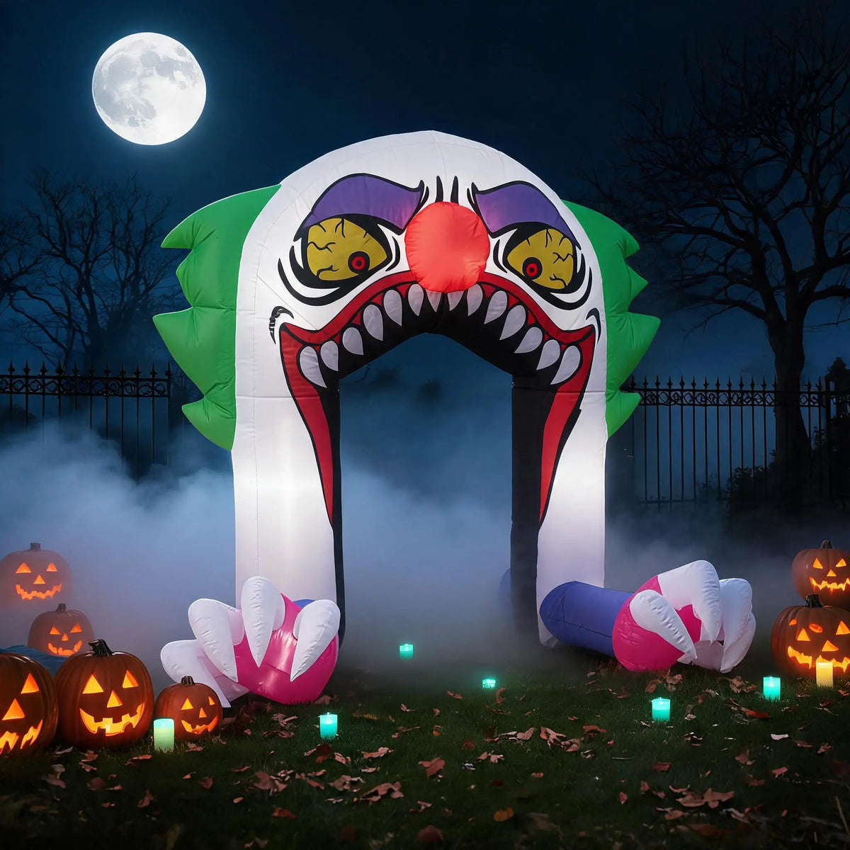 180cm LED Light Up Inflatable Halloween Clown Arch Scary Outdoor Yard Decoration for Lawn and Garden Weather Resistant Blow Up Holiday Party Spooky Night Display Prop Supplies