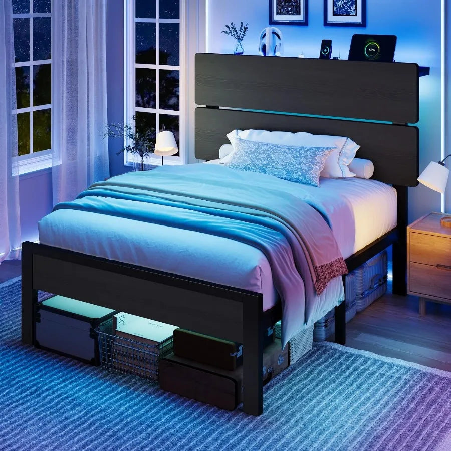 Size Bed Frame, Led Light, Charging Station, Storage Shelf
