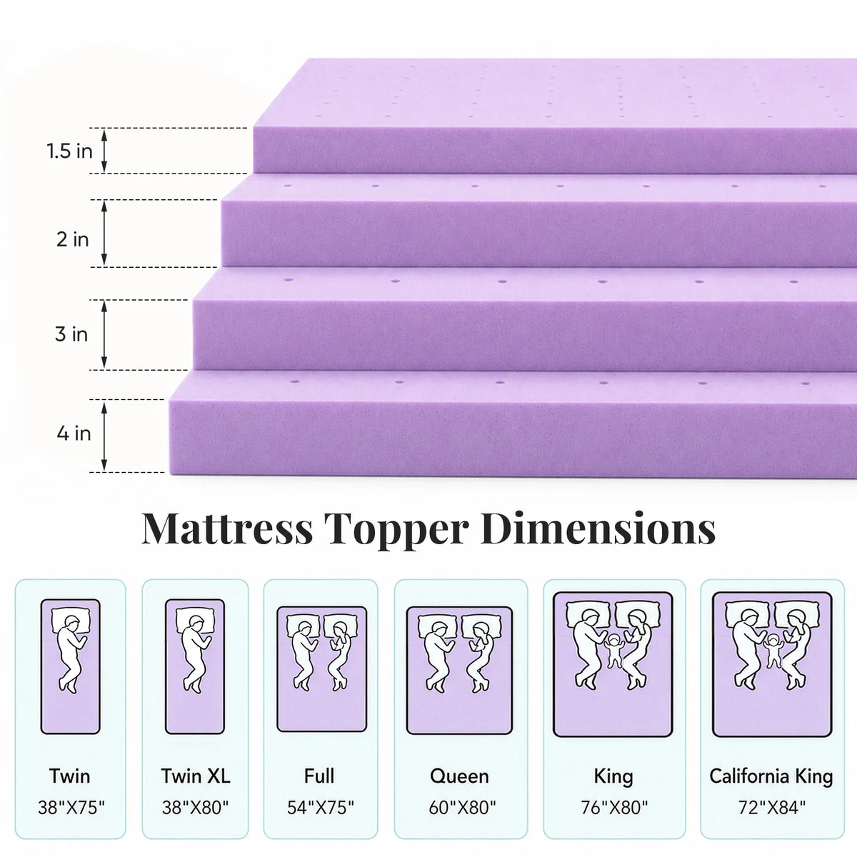 JHK 4 Inch Cooling Memory Foam Mattress Topper CertiPUR-US Certified Purple Gel Ventilated Soft Pressure Relief Mattress Pad Breathable Bed Topper for Bedroom and Sleeper Sofa