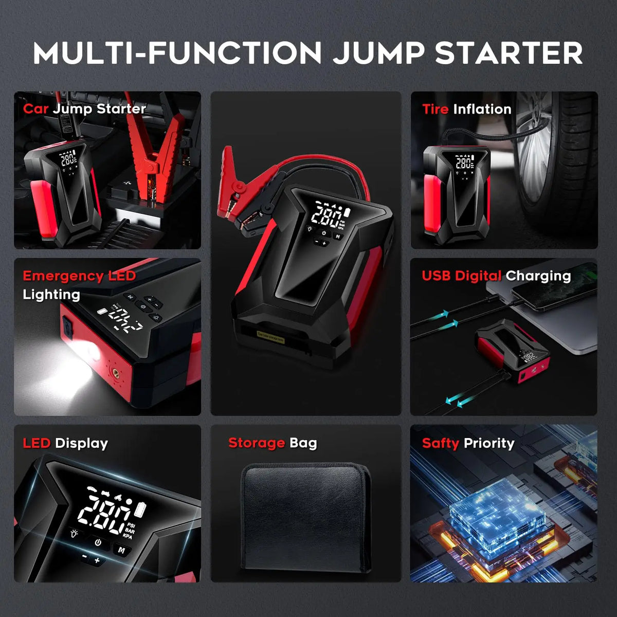 Car Jump Starter With Air Compressor And Battery Charger