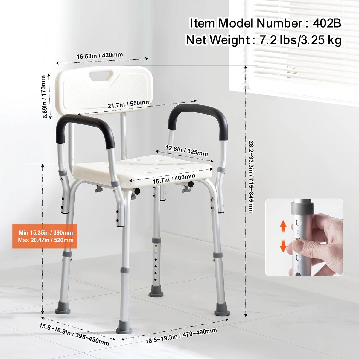SucceBuy Shower Chair with Back Adjustable Height for Bathtub Non-slip Bathroom Bench Seat for Elderly Disabled 350 LBS Capacity