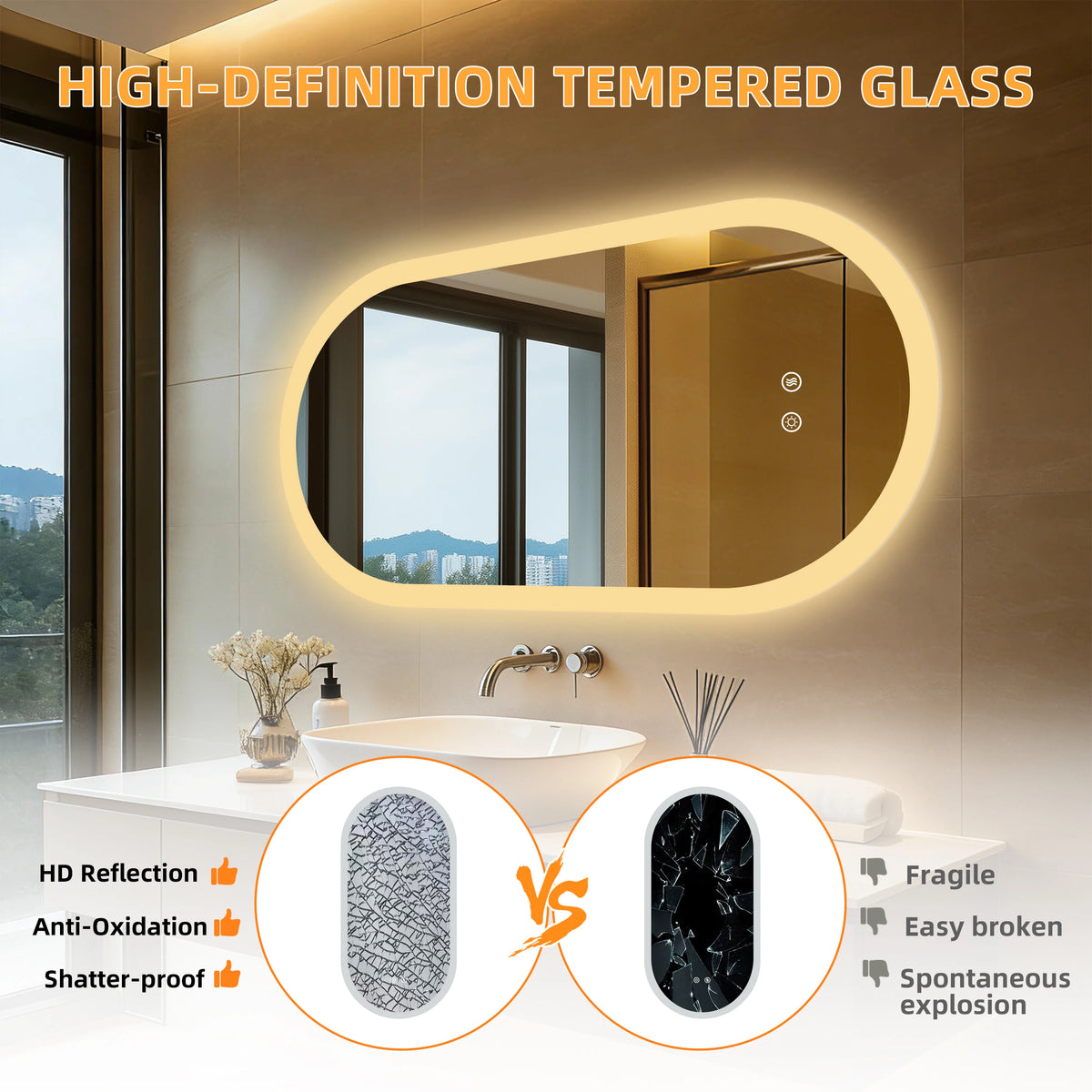 LED Bathroom Mirror Smart Anti-fog Dimmable LED Lighted Mirror Oval Makeup Mirror SPA Hotel 1200x600mm/1000x500mm/800x500mm,Tempered Glass, Frameless
