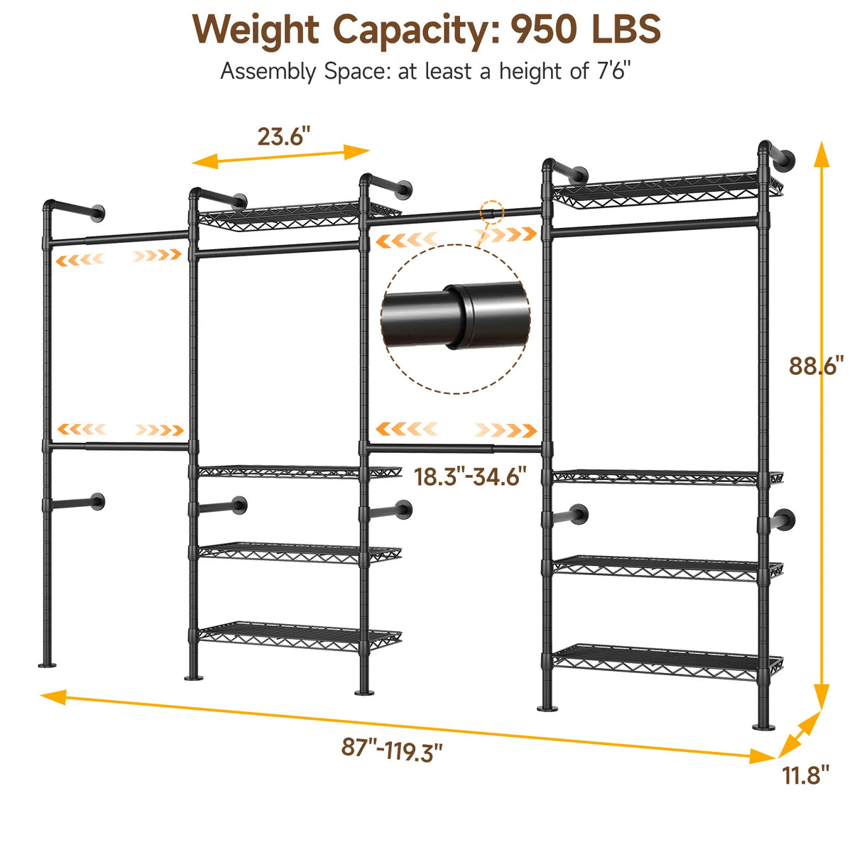 L4 Wall Mounted Industrial Pipe Clothes Rack, Closet Organizer System with Rods Expandable, Clothing Rack, Corner Garment Rack