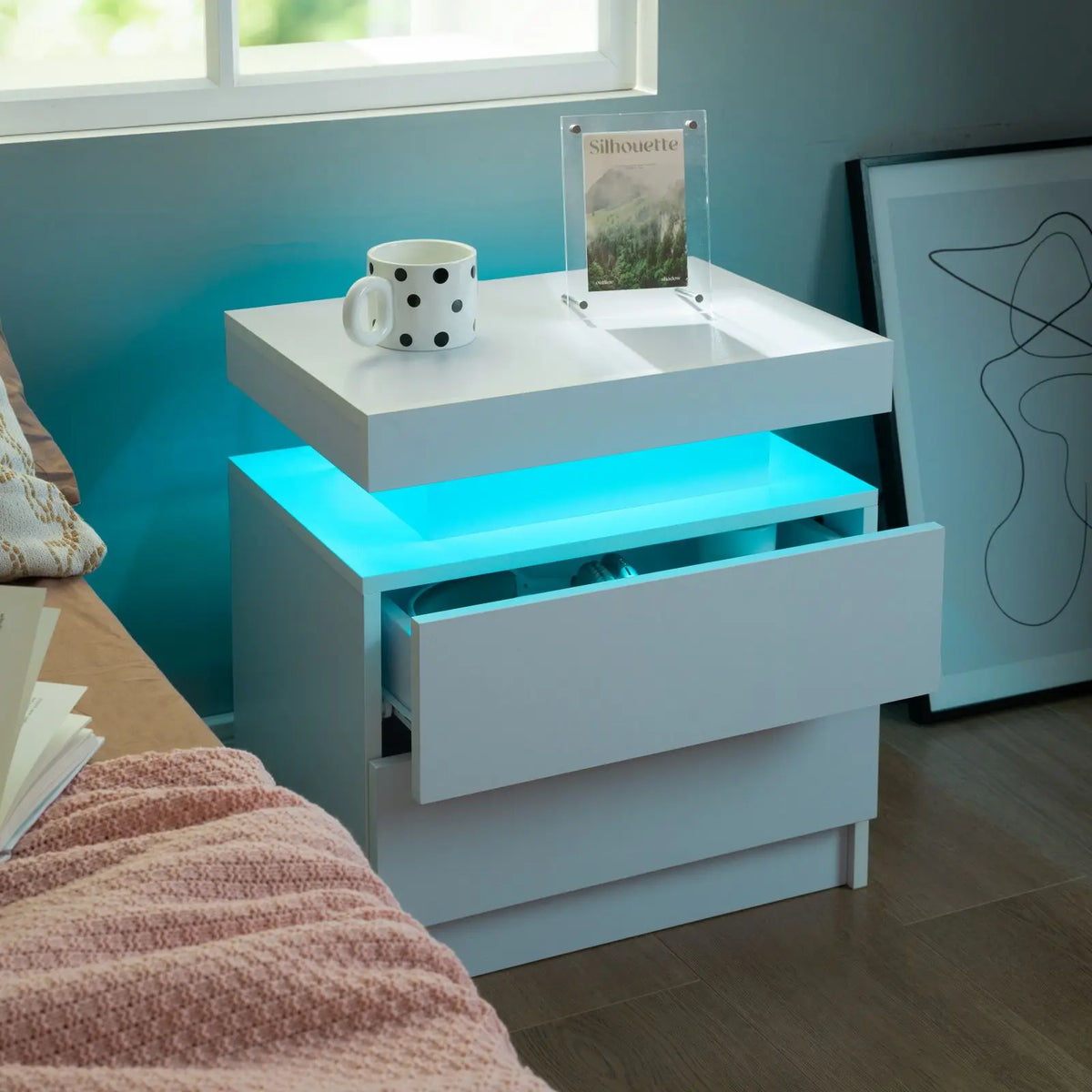 Cubehom Nightstand Set of 2 LED Nightstand with 2 Drawers,Night Stand with LED Light,Bedside Table with Drawers for Bedroom