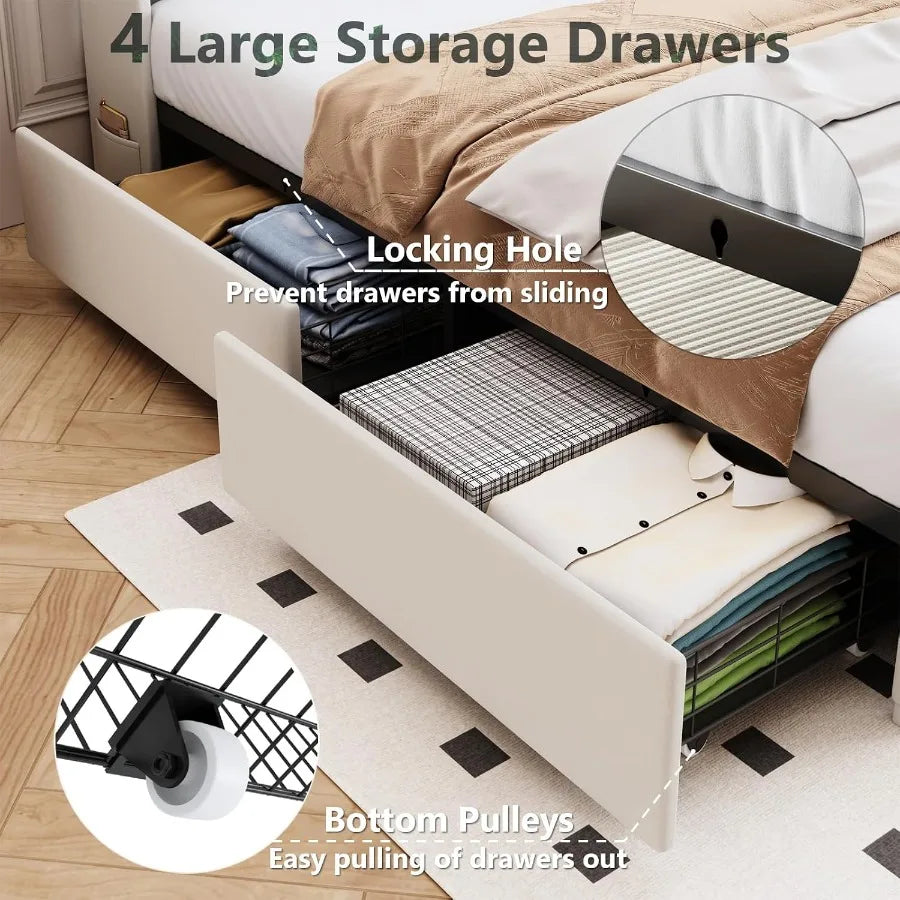 Queen Bed Frame with 4 Drawers and Storage Headboard, Upholstered Platform Bed Frame Queen Size with Led Lights and Handy Charg