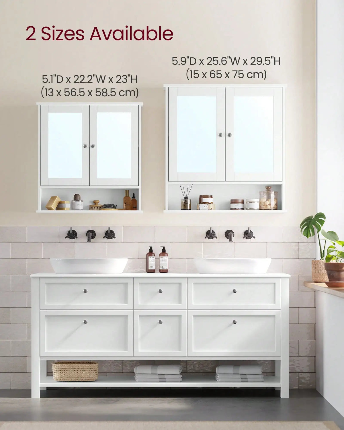 Bathroom Wall Cabinet with Mirror, 2 Mirrored Doors Medicine Cabinet with Adjustable Shelf & Open Storage, Wall Mounted Organizer for Over Toilet, Sink, White