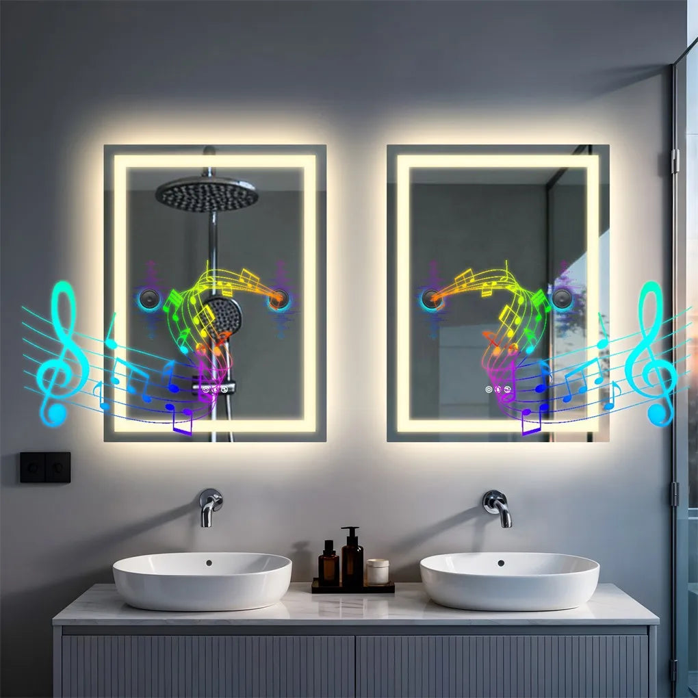 Smart LED Bathroom Mirror 500x700mm/600x800mm Rectangle Vanity Mirror with Dual NdFeB Speaker, Anti-Fog, Tempered Glass