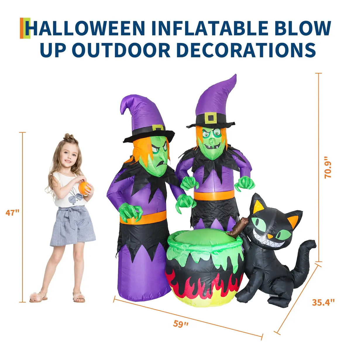 Halloween Inflatable Witch with Cauldron and Black Cat 180cm LED Lighted Waterproof Self Inflating Outdoor Yard Decoration for Garden Patio Lawn Spooky Festival Night Display