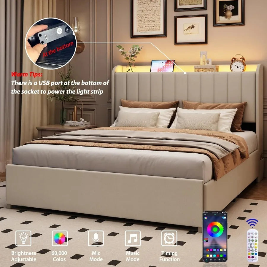 Queen Bed Frame with 4 Drawers and Storage Headboard, Upholstered Platform Bed Frame Queen Size with Led Lights and Handy Charg