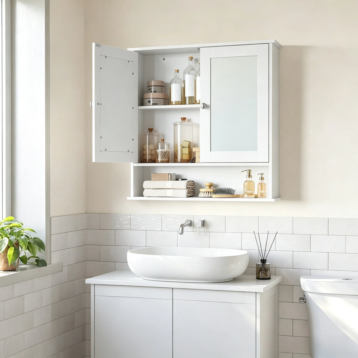 Bathroom Wall Cabinet with Mirror, 2 Mirrored Doors Medicine Cabinet with Adjustable Shelf & Open Storage, Wall Mounted Organizer for Over Toilet, Sink, White