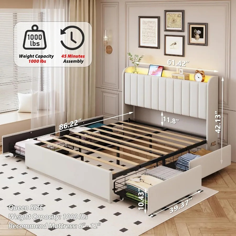 Queen Bed Frame with 4 Drawers and Storage Headboard, Upholstered Platform Bed Frame Queen Size with Led Lights and Handy Charg