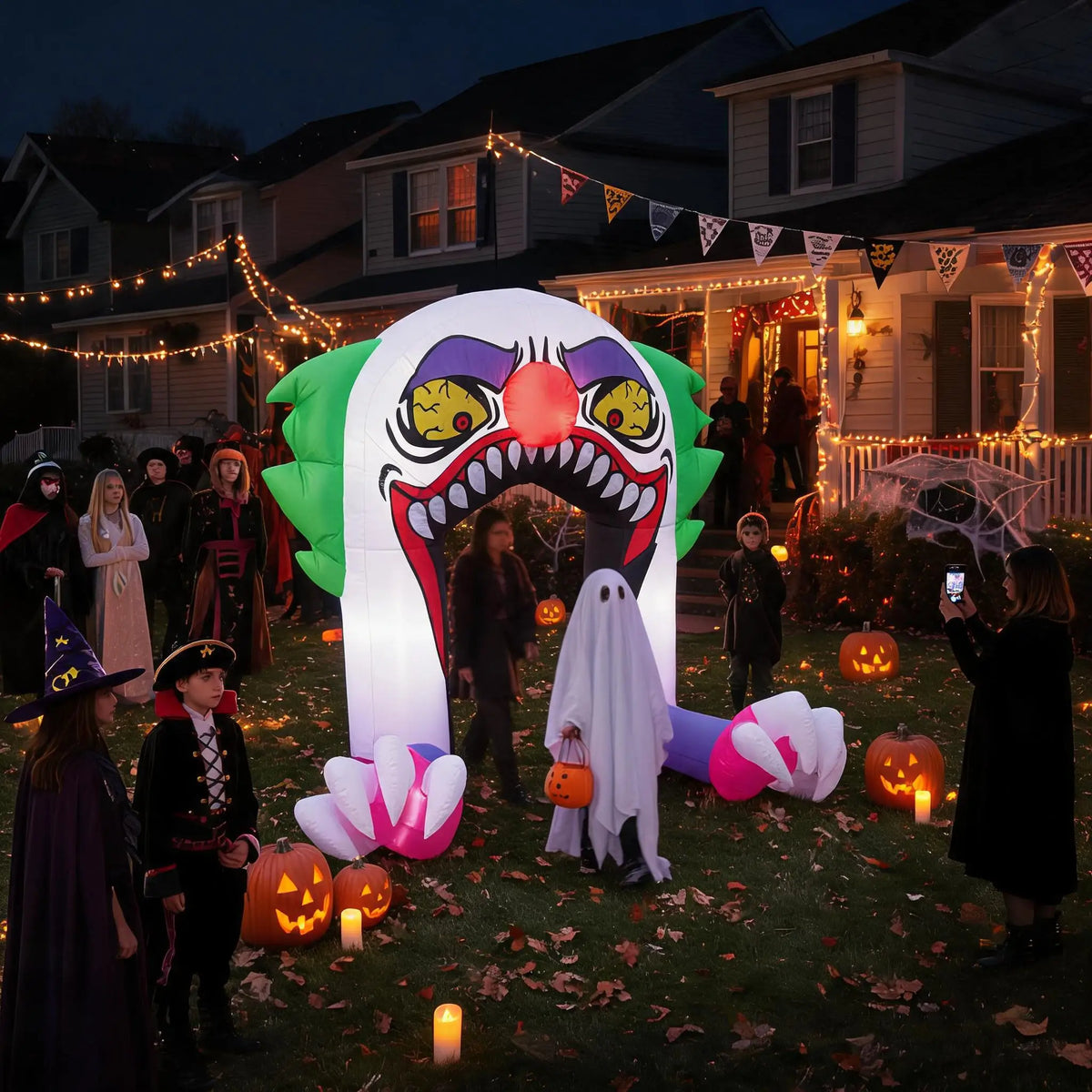 180cm LED Light Up Inflatable Halloween Clown Arch Scary Outdoor Yard Decoration for Lawn and Garden Weather Resistant Blow Up Holiday Party Spooky Night Display Prop Supplies