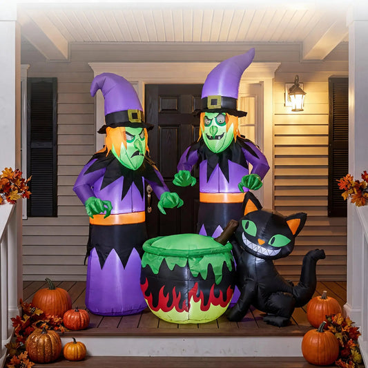 Halloween Inflatable Witch with Cauldron and Black Cat 180cm LED Lighted Waterproof Self Inflating Outdoor Yard Decoration for Garden Patio Lawn Spooky Festival Night Display