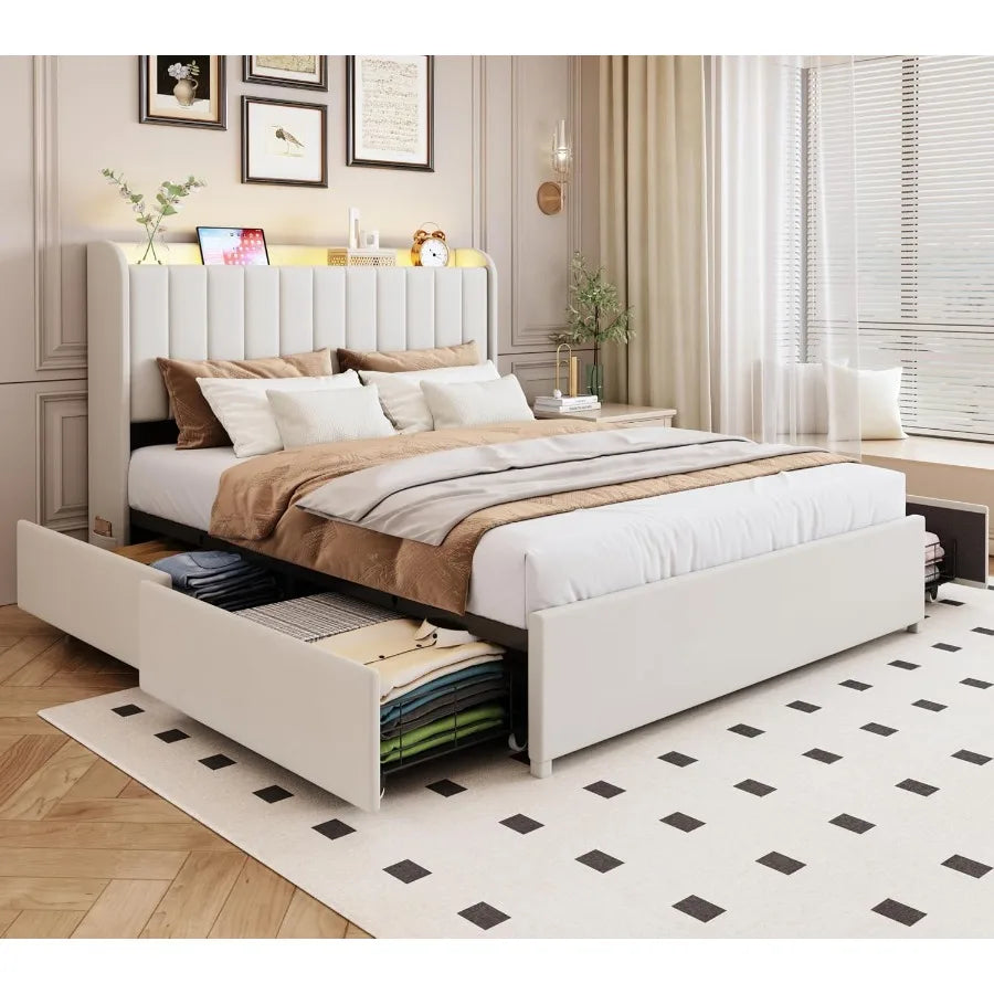 Queen Bed Frame with 4 Drawers and Storage Headboard, Upholstered Platform Bed Frame Queen Size with Led Lights and Handy Charg