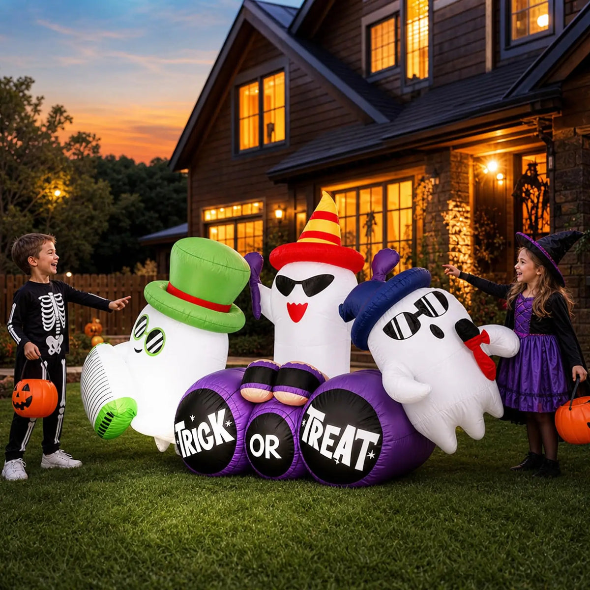 Inflatable Halloween Specter Trio with LED Lights 240cm Outdoor Yard Decor for Lawn Garden Porch Storefront Air Pump Trick or Treat Base Spooky Party Festival Display Equipment