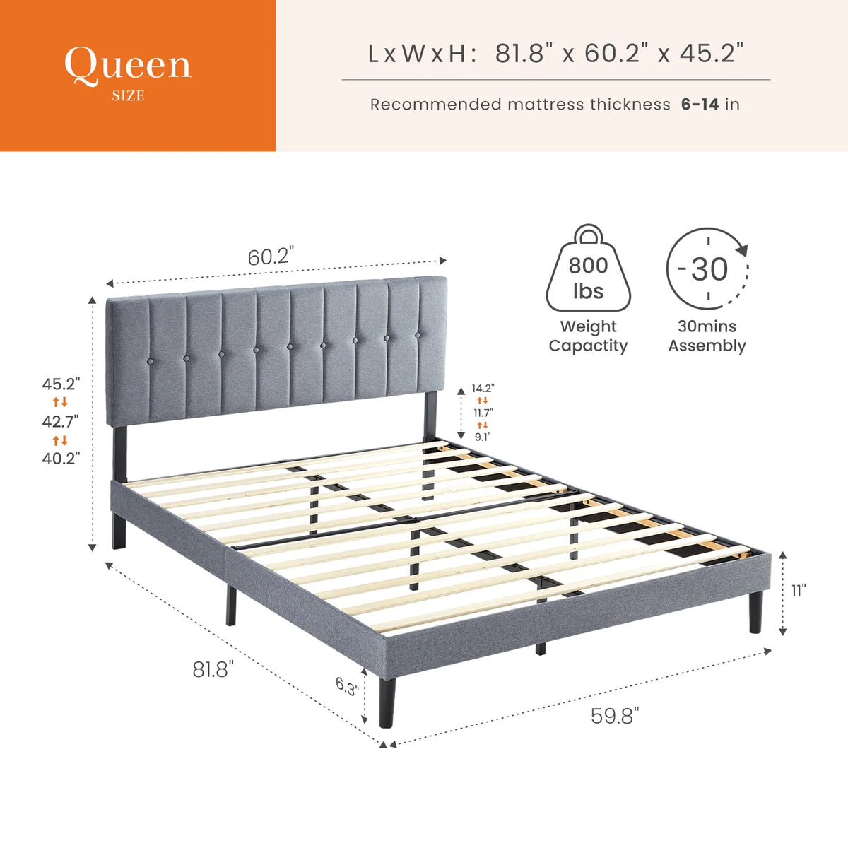 MCQ Basic Fabric Upholstered Bed Frame Platform Bed with Headboard 530LBS Sturdy Wooden Slats Support Easy Assembly Noise Free