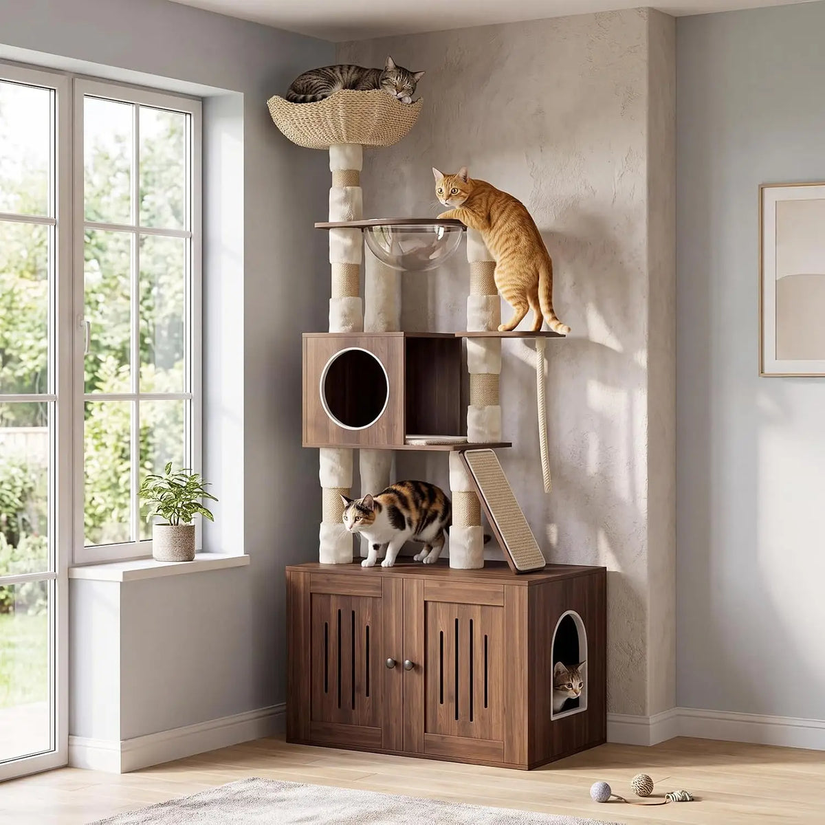Tacleekii 66.9" Cat Tree with Litter Box Enclosure Multi-Level Cat Condo Attan Cat House & Space Capsule Acrylic Hammock Double-door Storage 15mm Thick Board & Wide Base