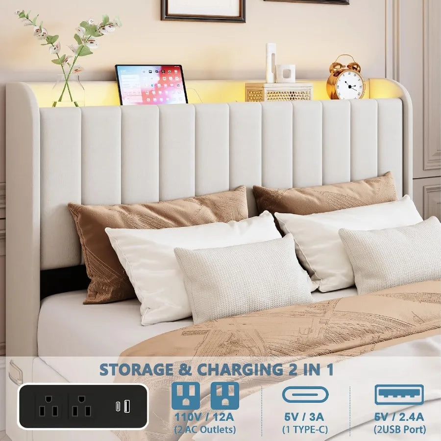 Queen Bed Frame with 4 Drawers and Storage Headboard, Upholstered Platform Bed Frame Queen Size with Led Lights and Handy Charg