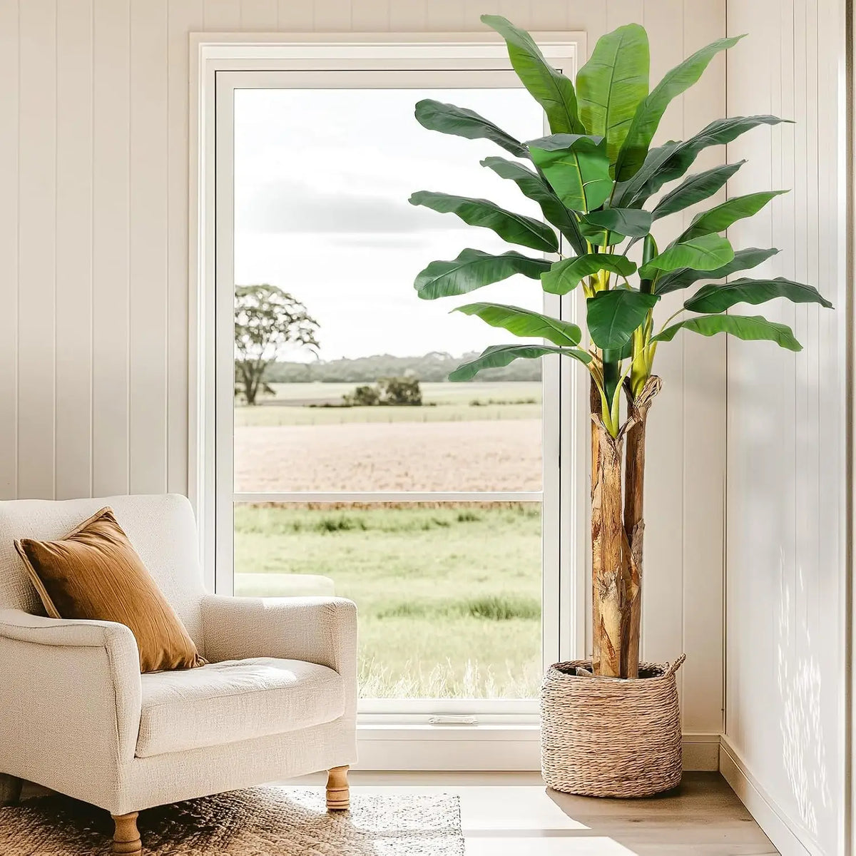 Artificial Banana Tree with Grey Planter, 5/6/7Ft Faux Plant with 11 Lifelike Leaves, Fake Indoor Outdoor Tree for Home Office Decor