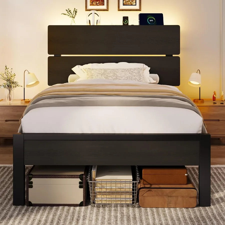 Size Bed Frame, Led Light, Charging Station, Storage Shelf