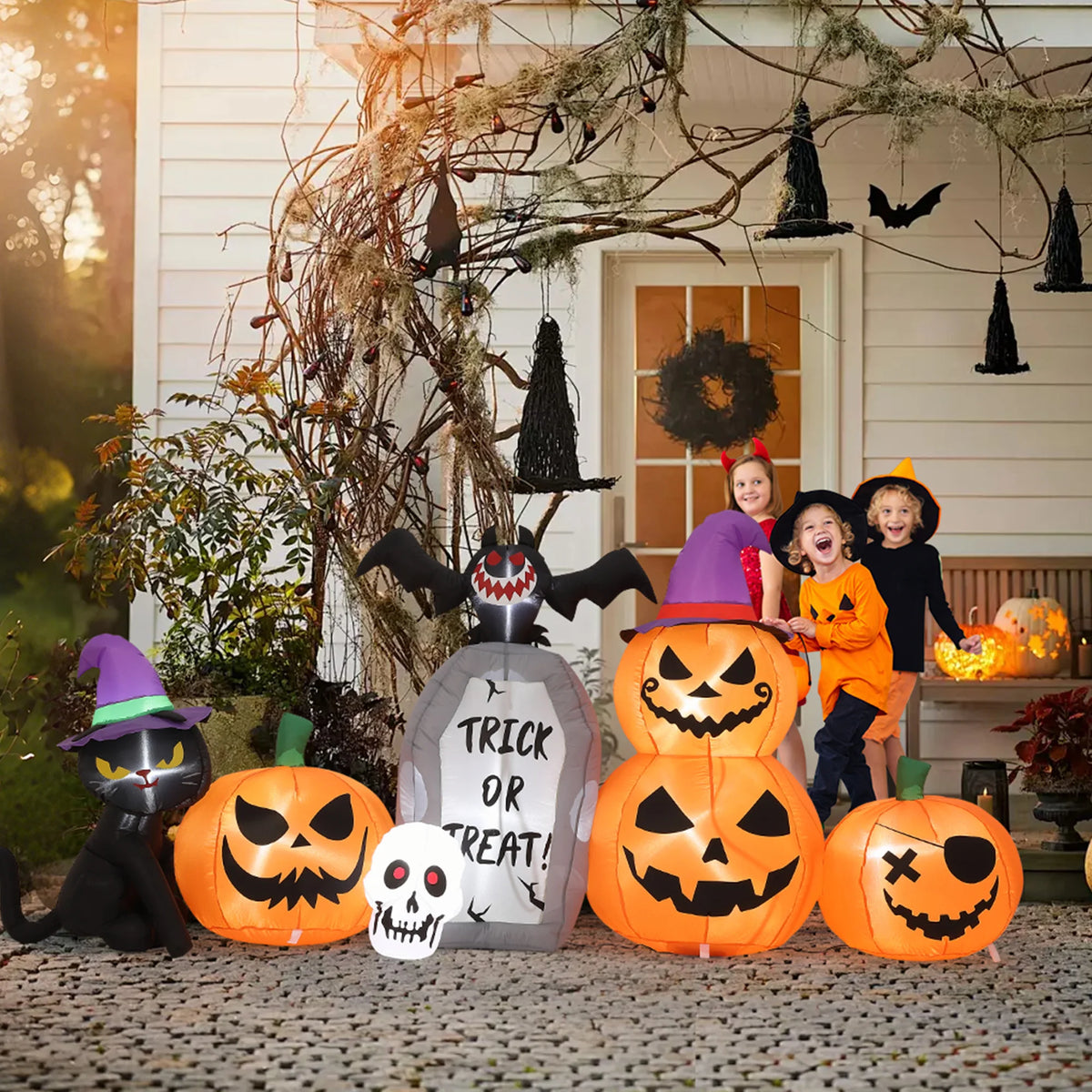 8 ft Long Halloween Inflatables Outdoor Decorations Blow Up Pumpkin Black Cat with Build in LED Lights Bat Tombstone Inflatable Yard Lawn Porch Party Holiday Display Supplies Props