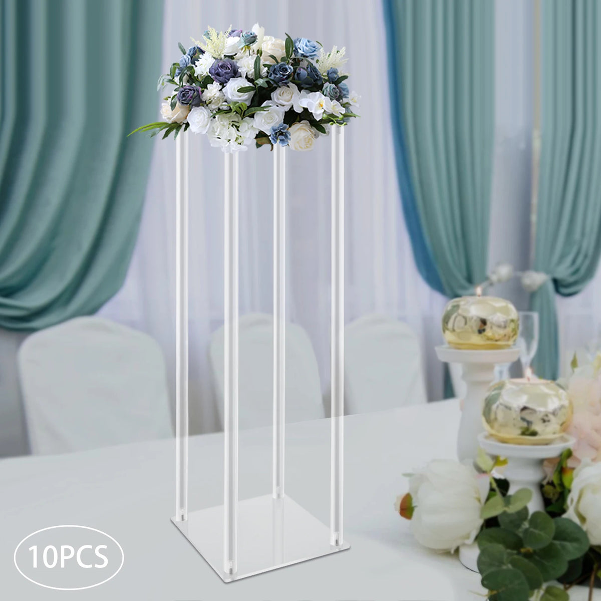 10Pcs Acrylic Vase Wedding Flower Stands Set, 23.6"H Clear Column Rack Geometric Display Stand for Home Party Wedding Decor
