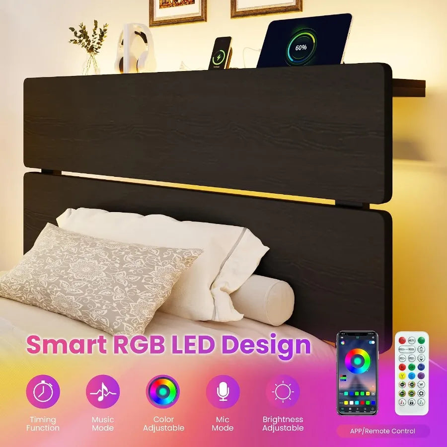 Size Bed Frame, Led Light, Charging Station, Storage Shelf