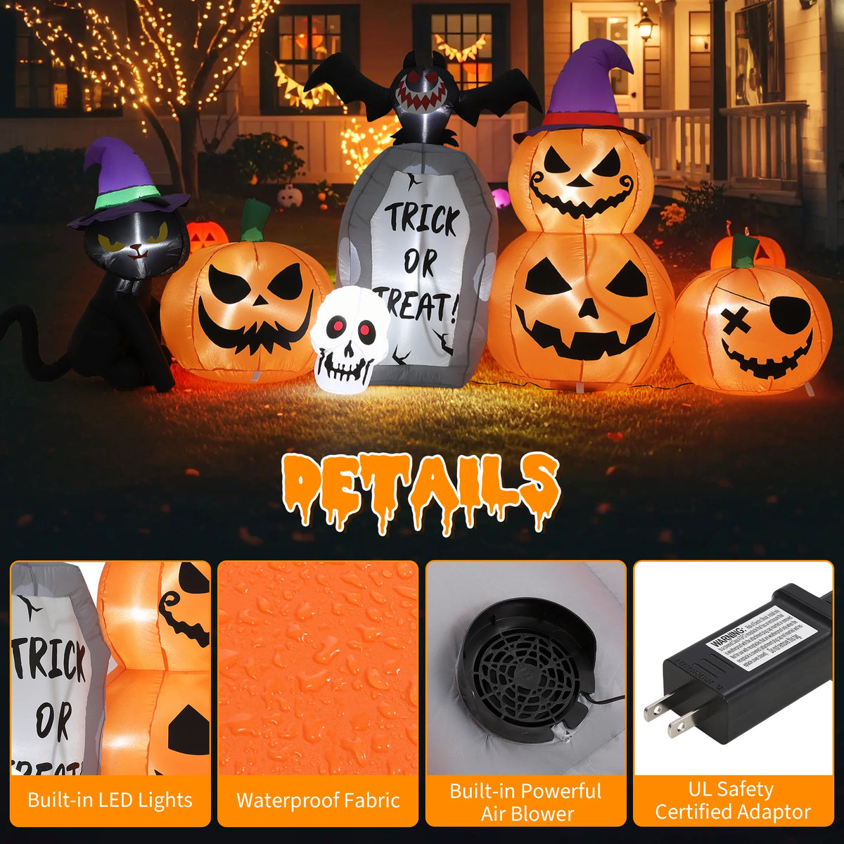 8 ft Long Halloween Inflatables Outdoor Decorations Blow Up Pumpkin Black Cat with Build in LED Lights Bat Tombstone Inflatable Yard Lawn Porch Party Holiday Display Supplies Props