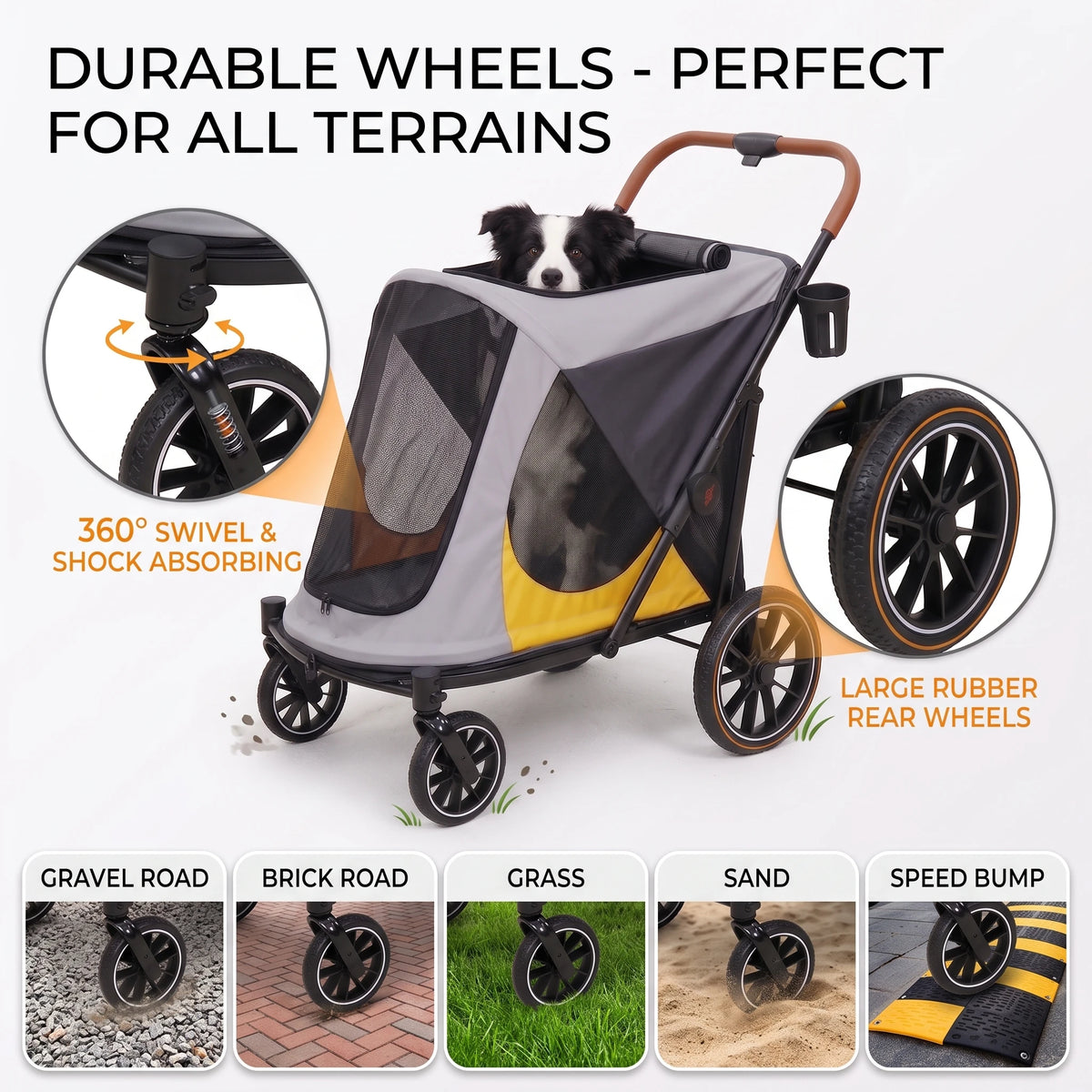 BingoPaw Dog Stroller for Large Medium Dogs up to 90 lbs, 4 Wheel Foldable Pet Stroller Pushchair with Dual Entry, Shock Absorption, Breathable Mesh Window & Cup Holder for Senior Injured Pets, Grey