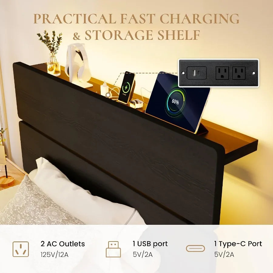 Size Bed Frame, Led Light, Charging Station, Storage Shelf