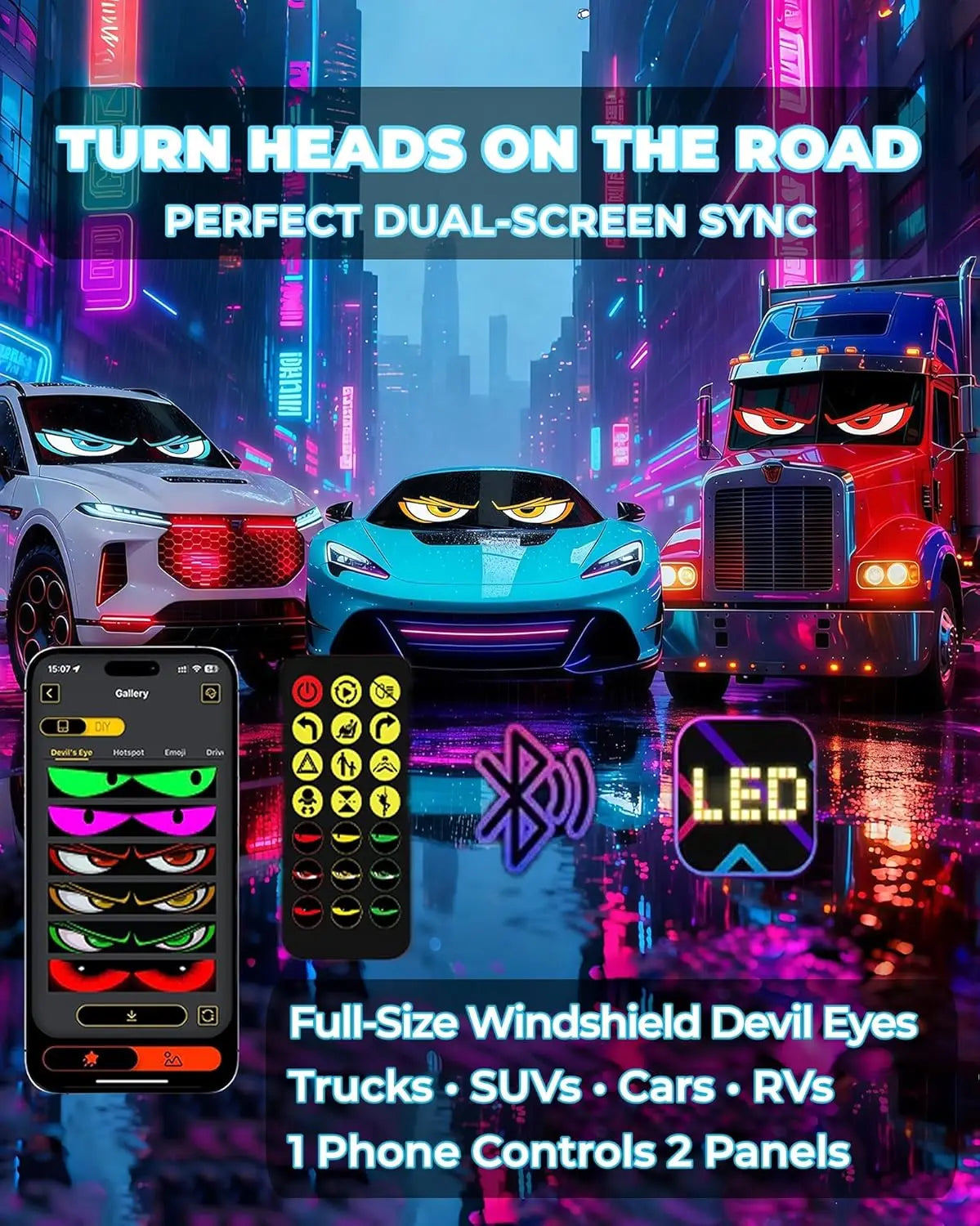 Programmable Windshield LED Display With Dynamic Devil Eyes For Vehicles