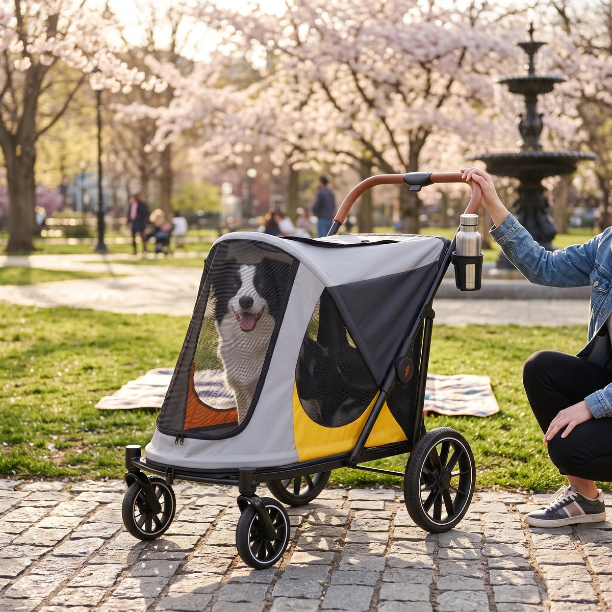 BingoPaw Dog Stroller for Large Medium Dogs up to 90 lbs, 4 Wheel Foldable Pet Stroller Pushchair with Dual Entry, Shock Absorption, Breathable Mesh Window & Cup Holder for Senior Injured Pets, Grey