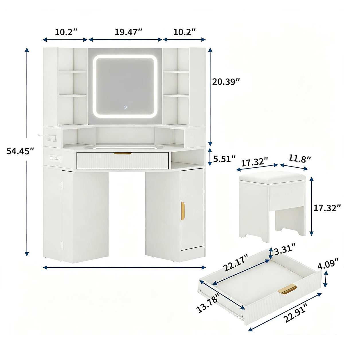 Corner Vanity Desk With Mirror And Lights, Glass Top Makeup Table With Charging Station, Dimmable LED, Drawers For Bedroom
