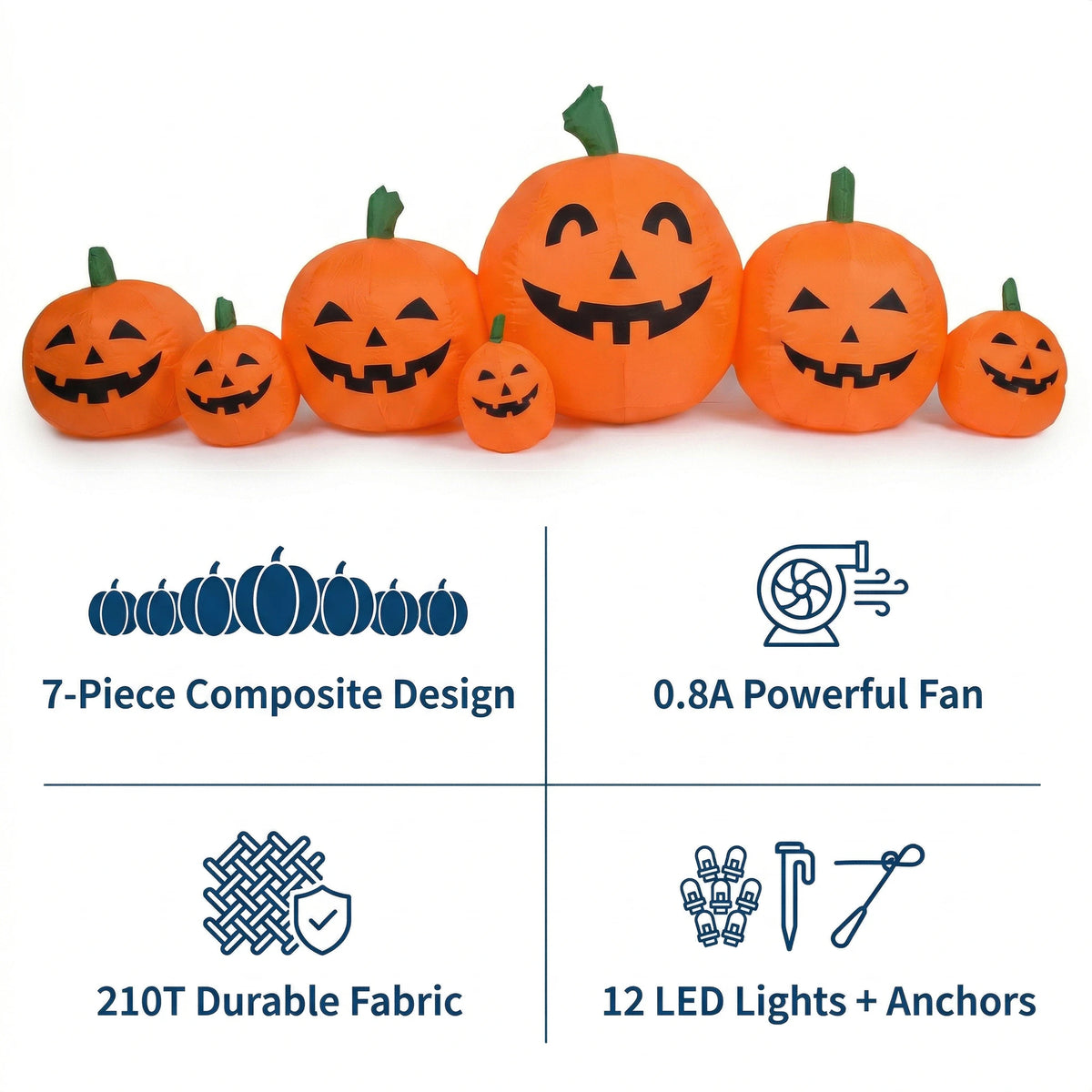 Inflatable Halloween Pumpkin with LED Lights 7.5ft Outdoor Holiday Yard Decoration for Fall and Thanksgiving 230cm 0.8A Fan 1000mA Transformer Lawn Festival Display Equipment
