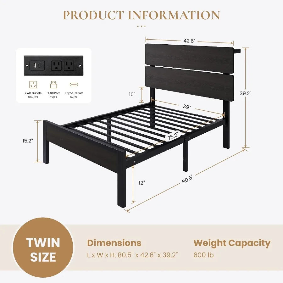 Size Bed Frame, Led Light, Charging Station, Storage Shelf