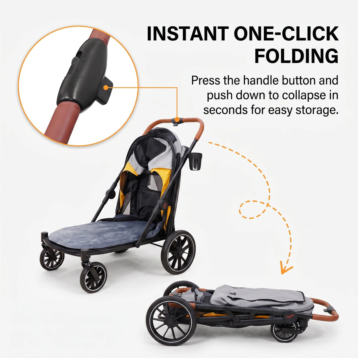 BingoPaw Dog Stroller for Large Medium Dogs up to 90 lbs, 4 Wheel Foldable Pet Stroller Pushchair with Dual Entry, Shock Absorption, Breathable Mesh Window & Cup Holder for Senior Injured Pets, Grey