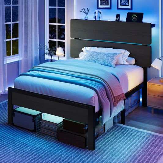 Size Bed Frame, Led Light, Charging Station, Storage Shelf